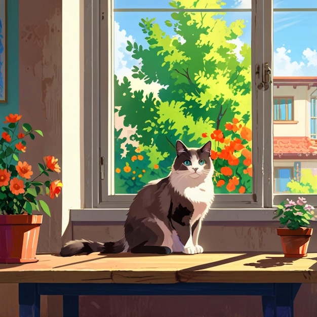 a cat sits on a table in front of a window with flowers