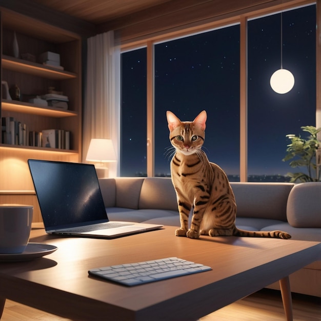 a cat sits on a table in front of a window with the moon in the background