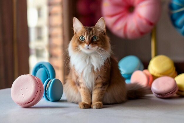 Vector a cat sits on a table with a bunch of colorful candy