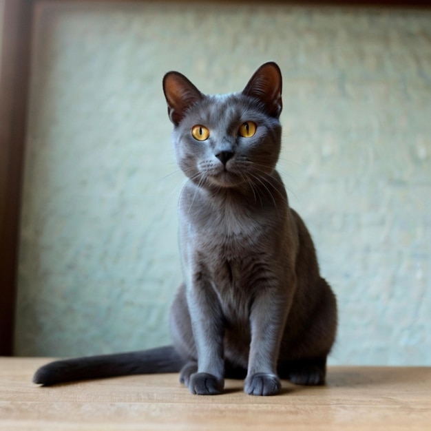 a cat sits on a table with a green background