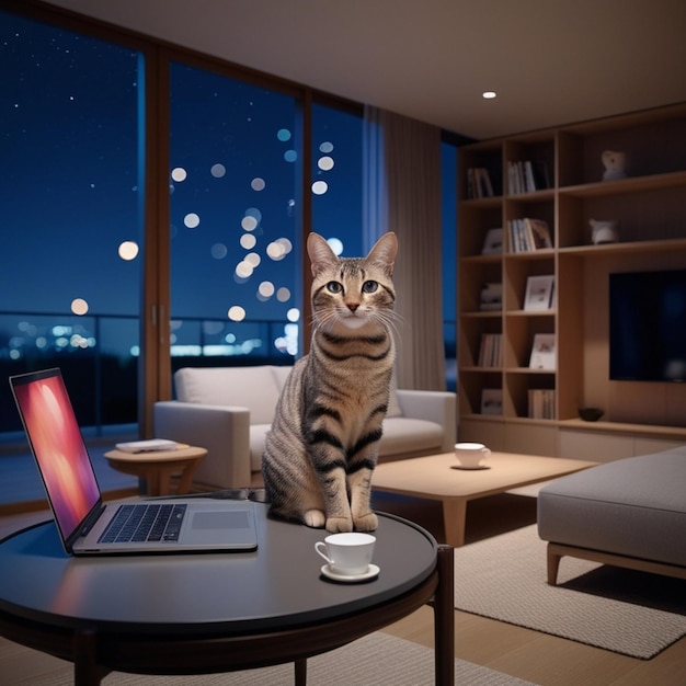 a cat sits on a table with a laptop and a coffee cup in the background