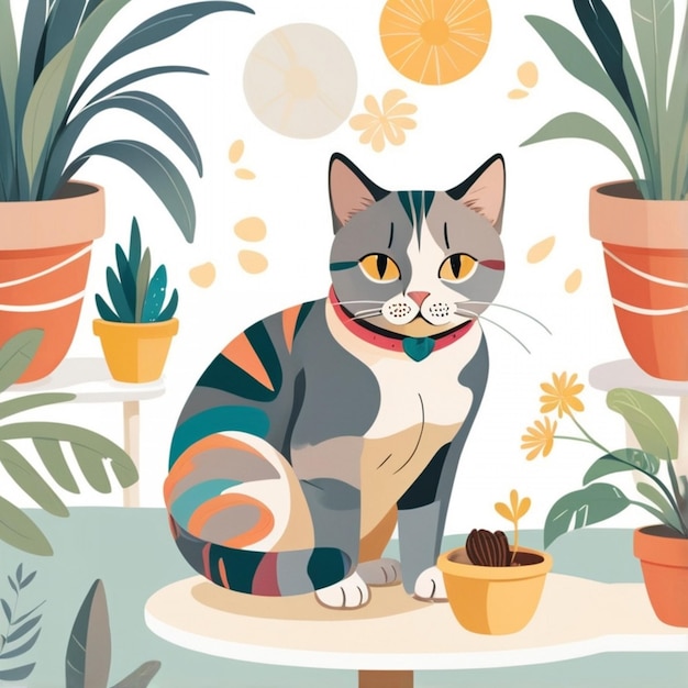 Vector a cat sits on a table with plants and flowers