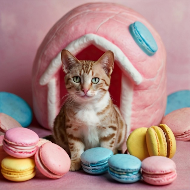 a cat sits in a toy house with many different colored cookies