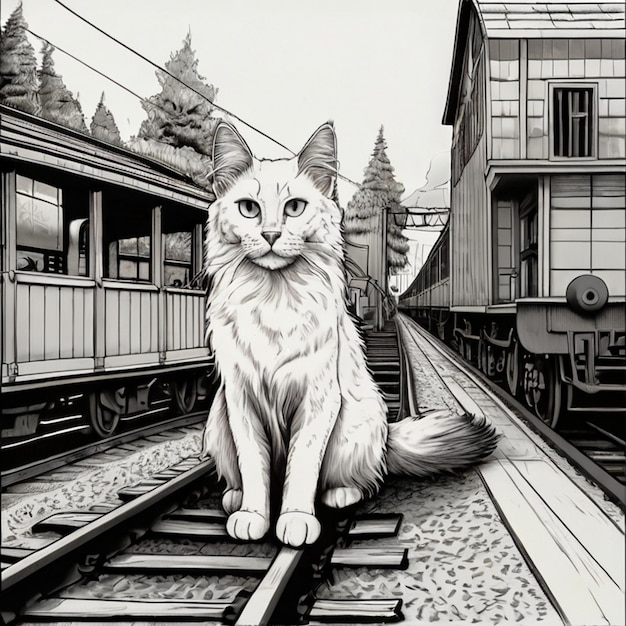 a cat sits on the tracks in front of a train