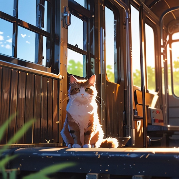 a cat sits on a train car that has the word  cat  on it