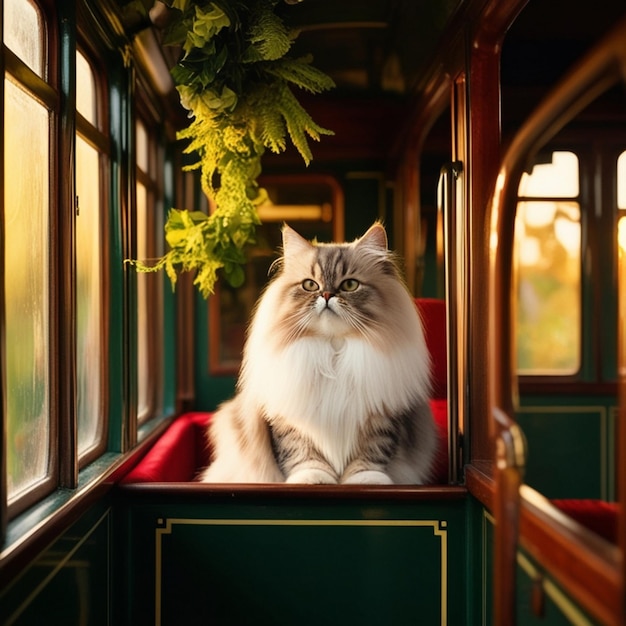 a cat sits on a train car that has the word  on it