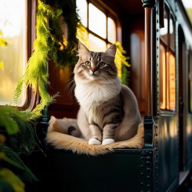 a cat sits on a train car that has the word  on it