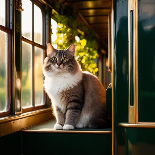 Vector a cat sits on a train car that is green and has a white face