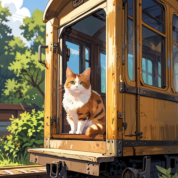 Vector a cat sits on the train car that is painted yellow and has a picture of a cat on the side