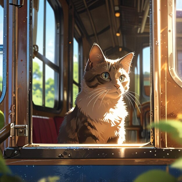 a cat sits on the train car of a train