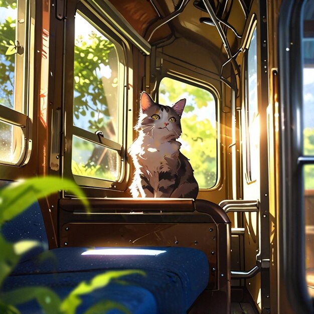 Vector a cat sits on a train car with a plant in the background