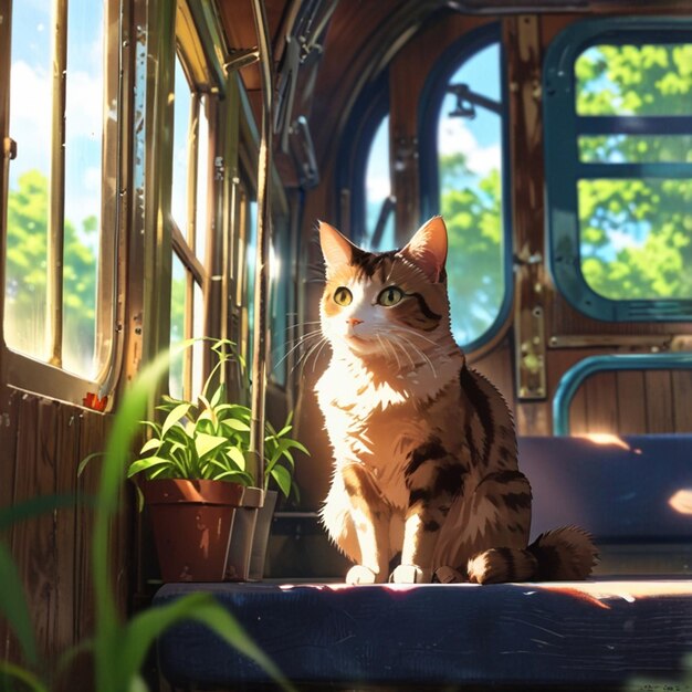 Vector a cat sits on a train car with a plant in the background