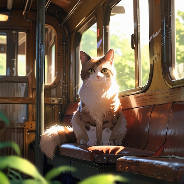 a cat sits on a train car with the window open