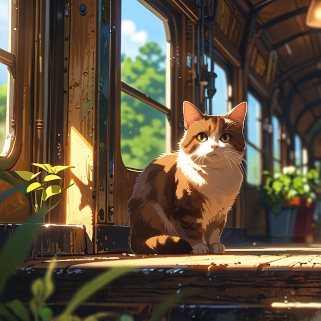 Vector a cat sits on a train car with a window that says  cat