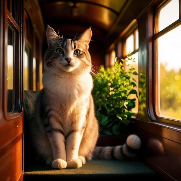 a cat sits on a train car with a window that says  the name of the cat