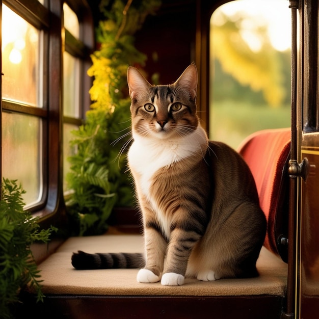 a cat sits on a train seat with a window behind it