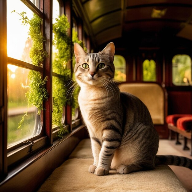 a cat sits on a train window looking out the window