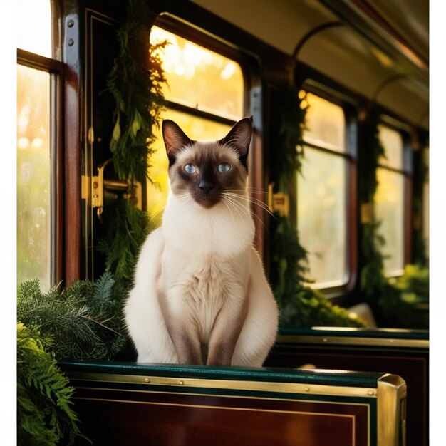 Vector a cat sits on a train window with a sign that sayssiameseon it