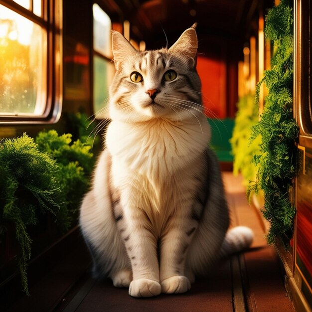 a cat sits on a train with a window behind it