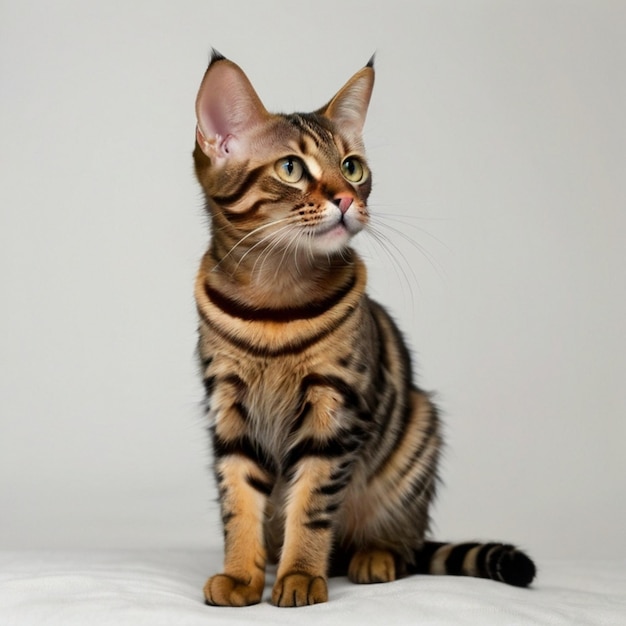 a cat sits on a white background with a black and brown striped tail