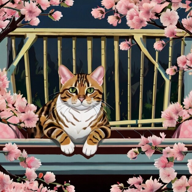 Vector a cat sits on a window ledge with pink flowers