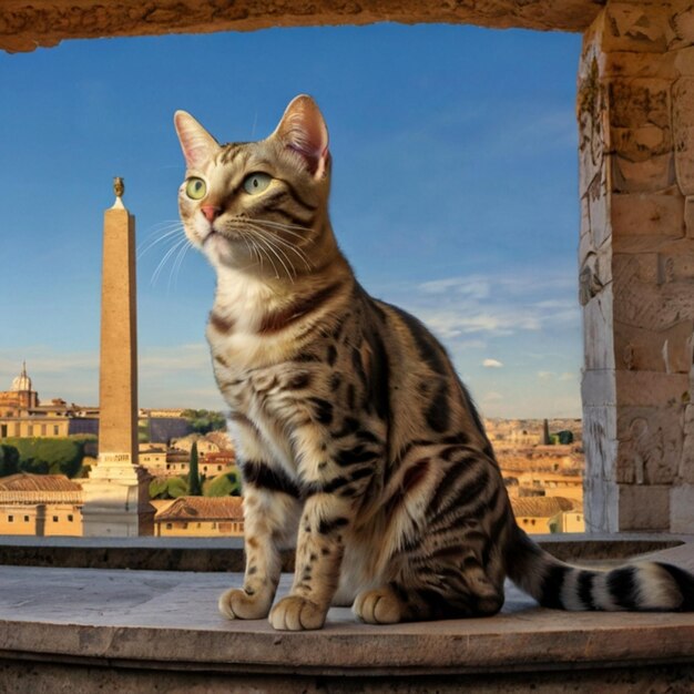 Vector a cat sits on a window ledge with a view of the city