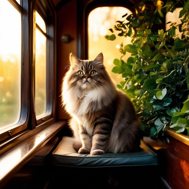 a cat sits on a window sill with a plant in the background