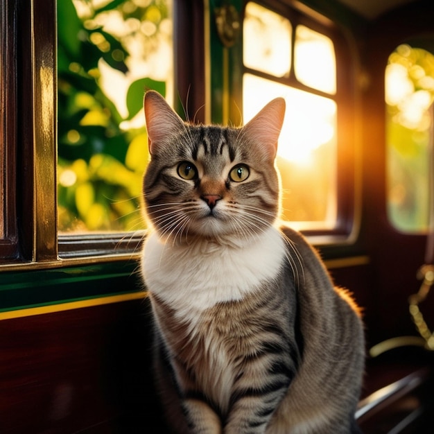 a cat sits on a window sill with the sun shining through the window