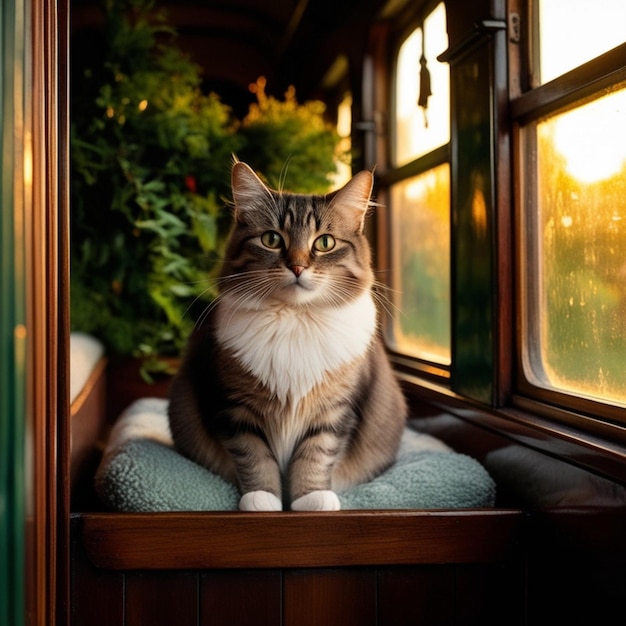 a cat sits on a window sill with the sun shining through the window