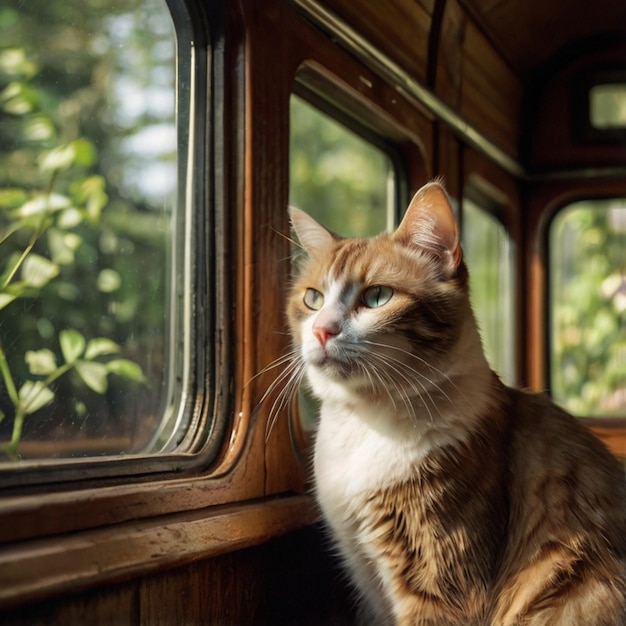 Vector a cat sits in a window of a train