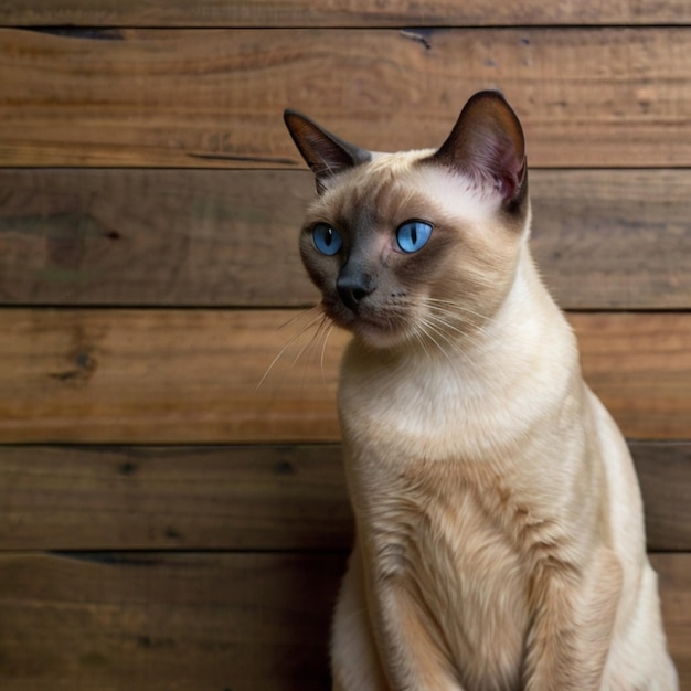 a cat sits on a wooden bench with a blue eye