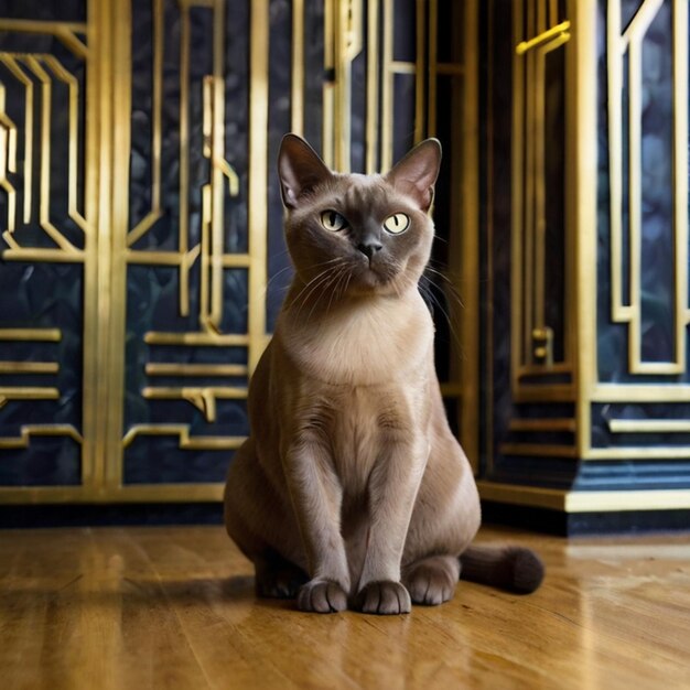 Vector a cat sits on a wooden floor with gold accents