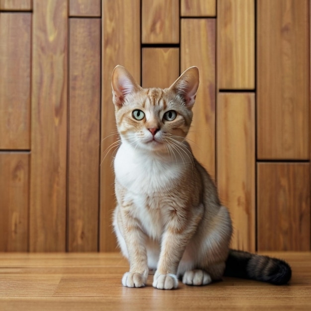 Vector a cat sits on a wooden floor with a wooden frame behind it