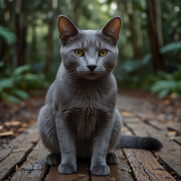 Vector a cat sits on a wooden plank in the woods