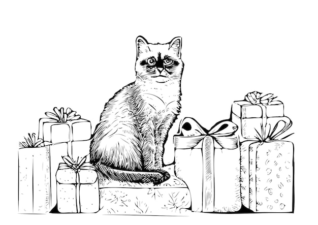 Cat sitting on gifts sketch hand drawn new year and christmas Vector illustration.