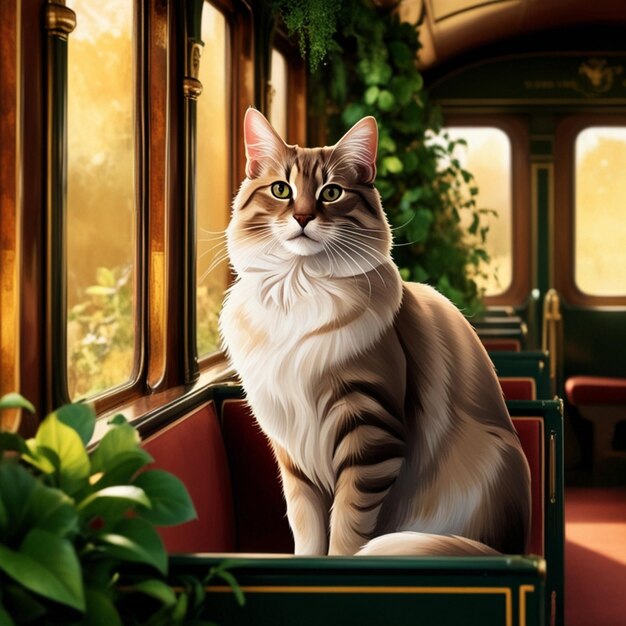 a cat sitting on a train car with a green and gold border