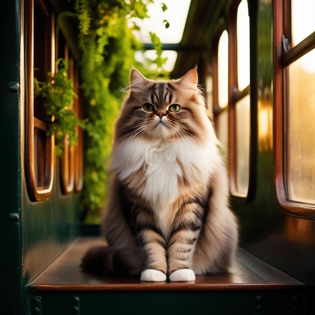 a cat sitting on a train car with a plant in the background