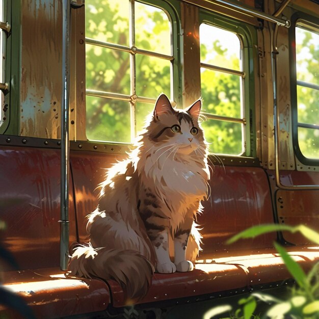 Vector a cat sitting on a train car with the sun shining on it