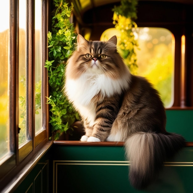 a cat sitting on a window sill with green leaves