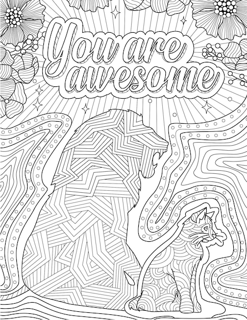 Cat sitting with a lion shadow showing you are awsome message colorless line drawing