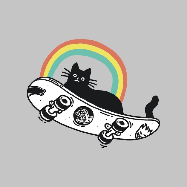 Cat on a skateboard with a rainbow vector illustration design