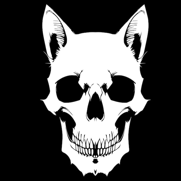 Cat skull drawing vector clipart in black and white color for print t shirt or tatoo