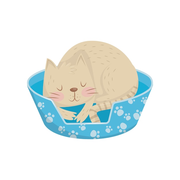 Cat sleeping in his cozy bed Adorable domestic animal Cartoon character of cute kitten Flat vector for banner or poster of pet shop