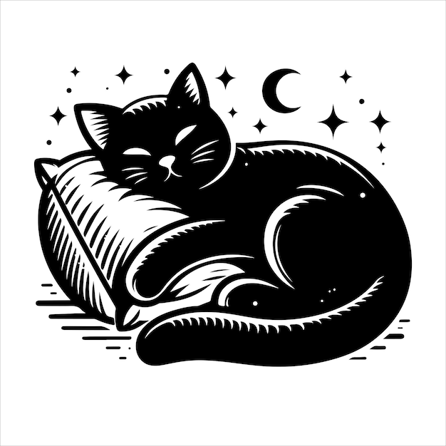 A Cat Sleeping with pillow silhouettes vector design illustration