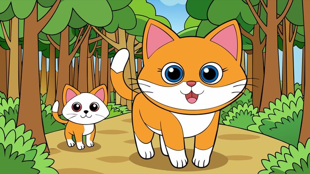 a cat and a small kitten are walking in the forest vector illustration kawaii