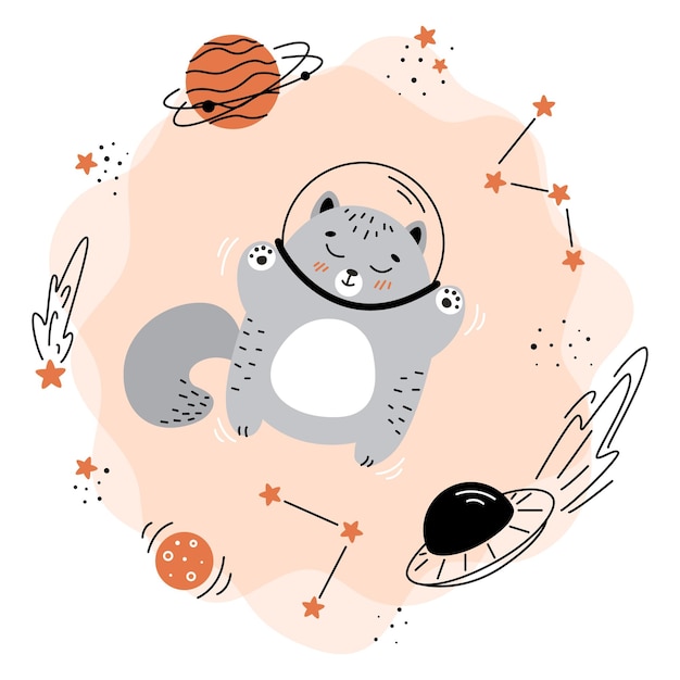 A cat in a space suit with a planet and stars.