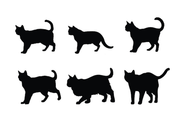 Cat standing silhouette bundle design Cute cat walking in different positions silhouette collection Feline standing design on a white background Cute home cat silhouette set vector