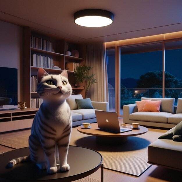 Vector a cat statue sits on a round table in a living room