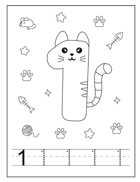 Cat style number coloring page for toddlers