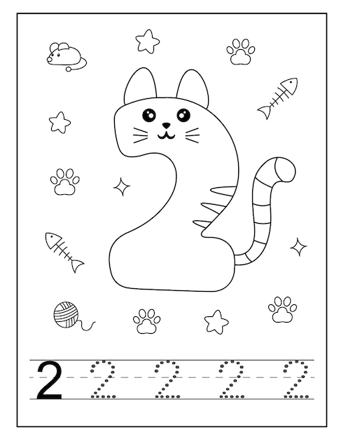 Cat style number coloring page for toddlers